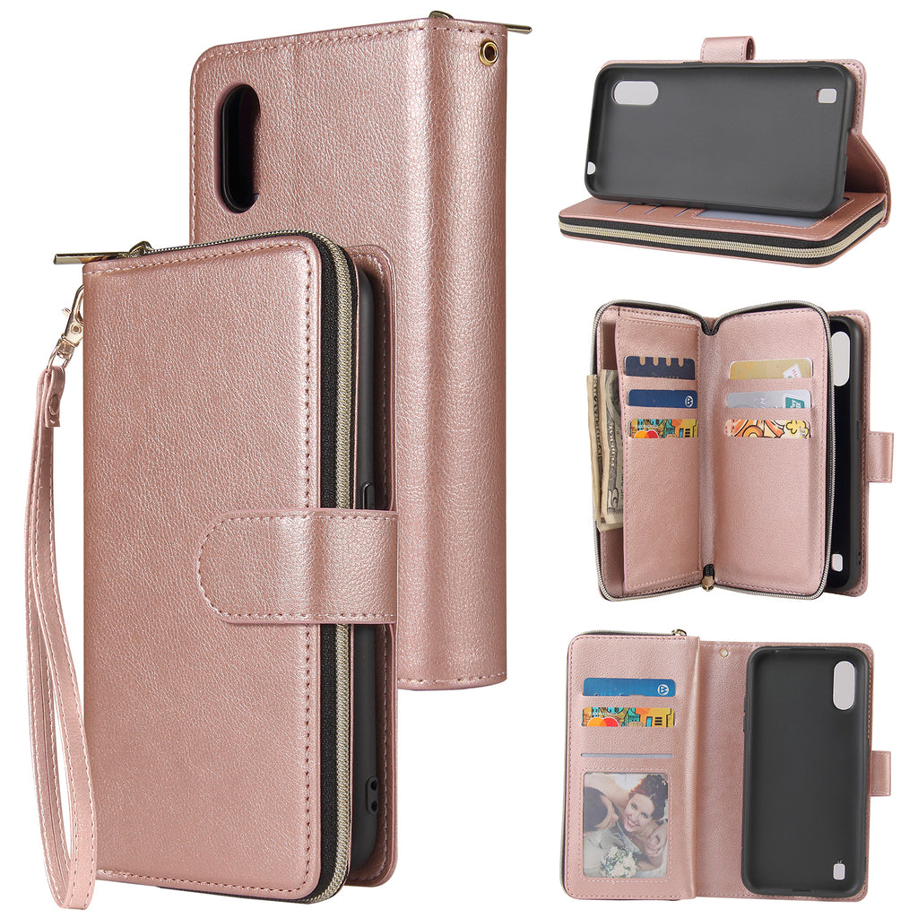 For Samsung A01/A21/A31/A41/A51 Pu Leather  Mobile Phone Cover Zipper Card Bag + Wrist Strap Rose gold