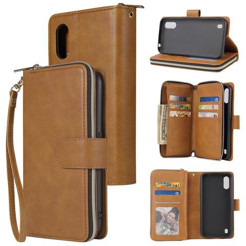 For Samsung A01/A21/A31/A41/A51 Pu Leather  Mobile Phone Cover Zipper Card Bag + Wrist Strap brown