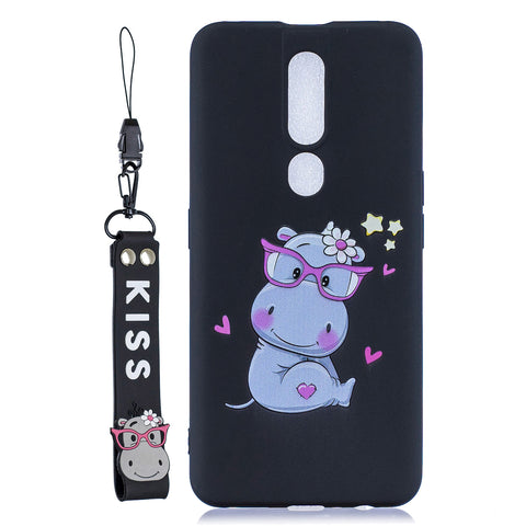 For OPPO F11 PRO Cartoon Lovely Coloured Painted Soft TPU Back Cover Non-slip Shockproof Full Protective Case with Lanyard black