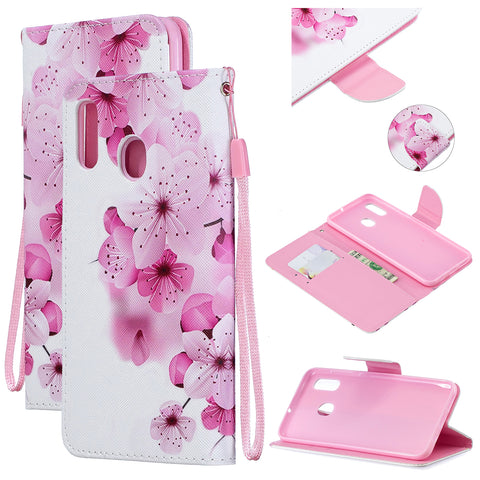 For Samsung A10/A20/A30 Smartphone Case PU Leather Wallet Design Cellphone Cover with Card Holder Stand Available peach blossom