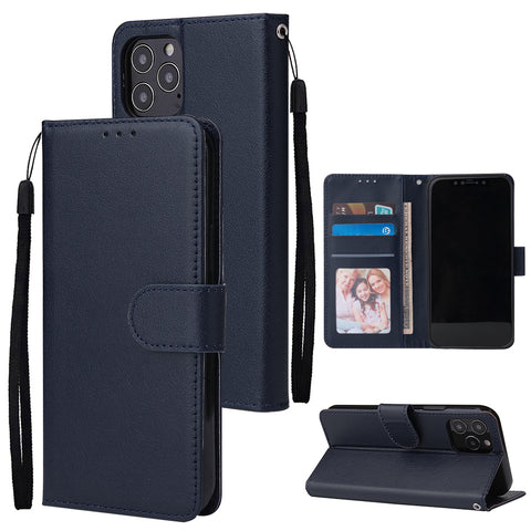 For Iphone 12 5.4 inch/6.1 inch/ 6.7 inch PU Leather Three-card Photo Frame Front Buckle Mobile Phone shell blue