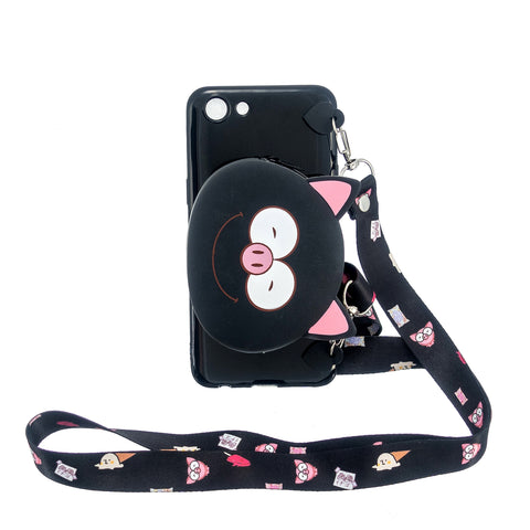 For OPPO A83/A9 2020 Cellphone Case Mobile Phone TPU Shell Shockproof Cover with Cartoon Cat Pig Panda Coin Purse Lovely Shoulder Starp  Black