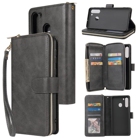 For Samsung A01/A21/A31/A41/A51 Pu Leather  Mobile Phone Cover Zipper Card Bag + Wrist Strap black