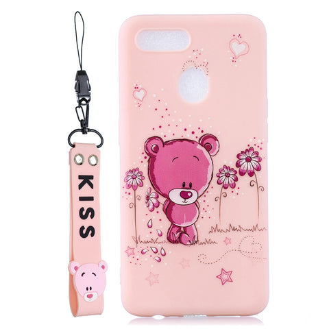 For OPPO A7 Cartoon Lovely Coloured Painted Soft TPU Back Cover Non-slip Shockproof Full Protective Case with Lanyard Light pink