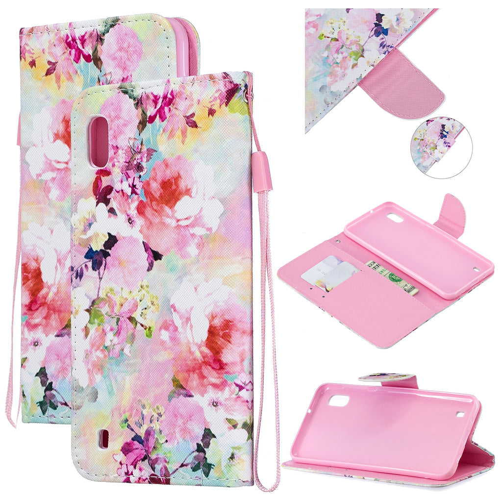 For Samsung A10/A20/A30 Smartphone Case PU Leather Wallet Design Cellphone Cover with Card Holder Stand Available Watercolor flower