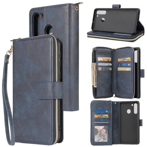 For Samsung A01/A21/A31/A41/A51 Pu Leather  Mobile Phone Cover Zipper Card Bag + Wrist Strap blue