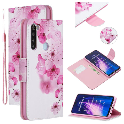For Redmi Note 8/8 Pro Cellphone Cover Stand Function Wallet Design PU Leather Smartphone Shell Elegant Pattern Printed  peach blossom
