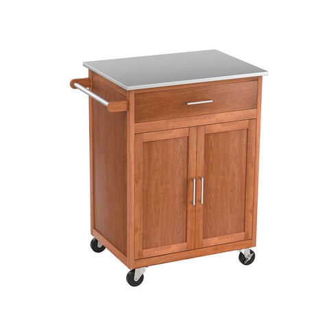 Wood Kitchen Trolley Cart Stainless Steel Top Rolling Storage Cabinet Island