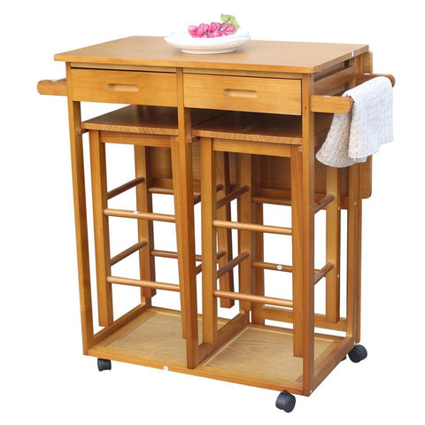 Wood Top Kitchen Island Storage Cabinet Dining Table with Drawers and 2 Stools