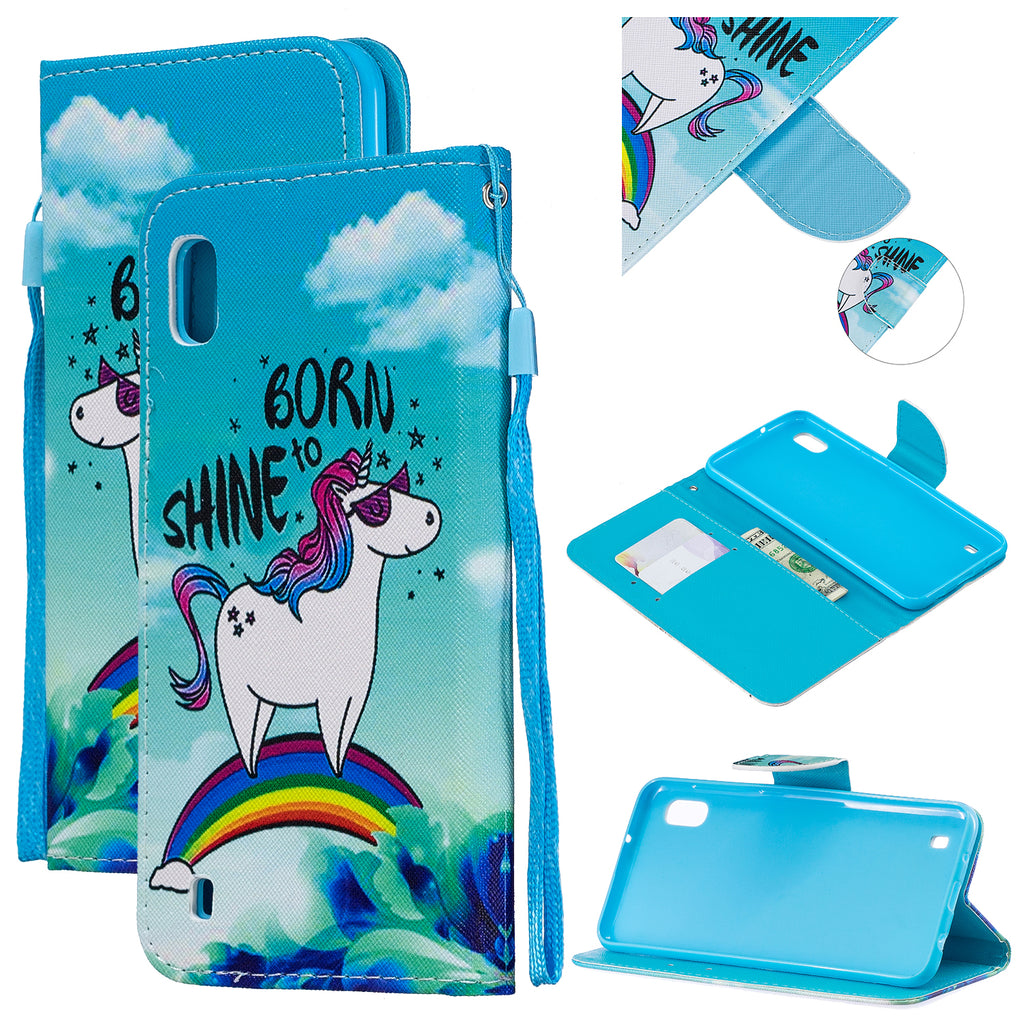 For Samsung A10/A20/A30 Smartphone Case PU Leather Wallet Design Cellphone Cover with Card Holder Stand Available Rainbow horse