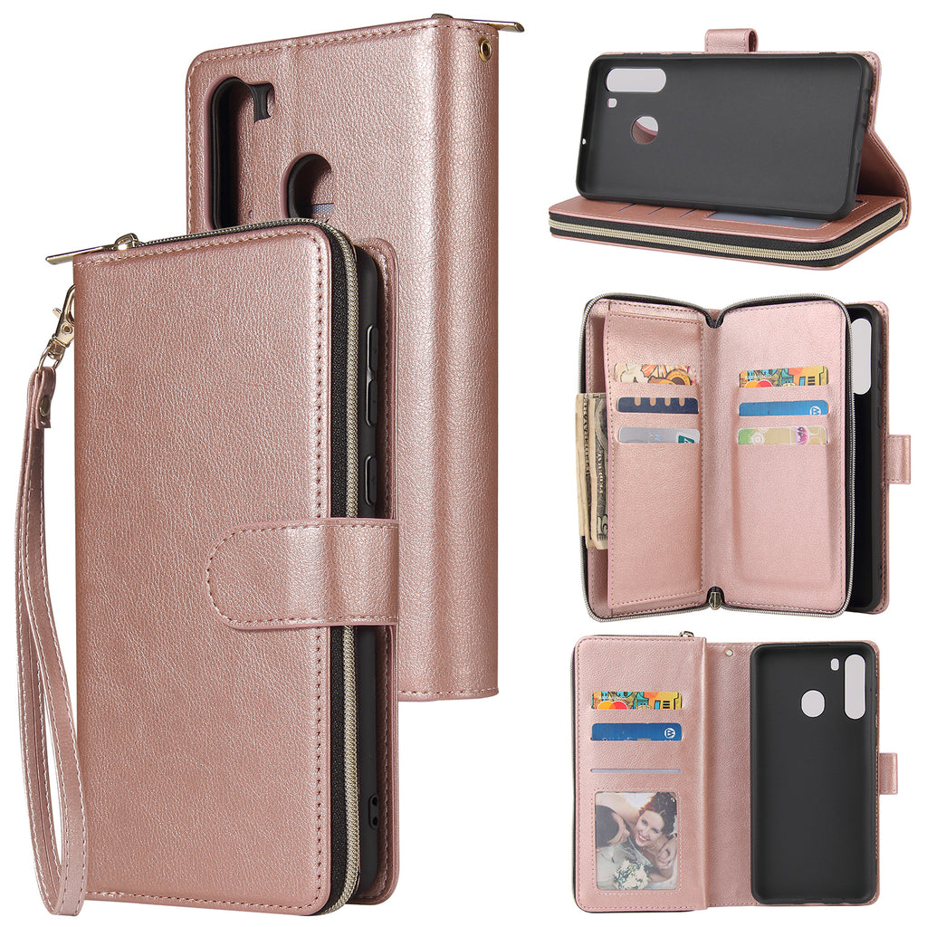 For Samsung A01/A21/A31/A41/A51 Pu Leather  Mobile Phone Cover Zipper Card Bag + Wrist Strap Rose gold
