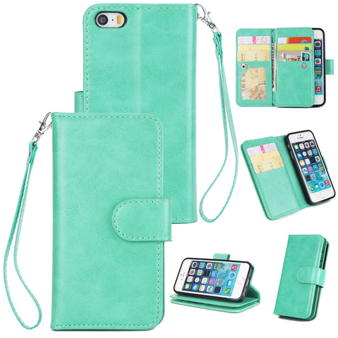 For iPhone 5/5S/SE PU Cell Phone Case Protective Leather Cover with Buckle & 9 Card Position & Lanyard & Bracket Mint color