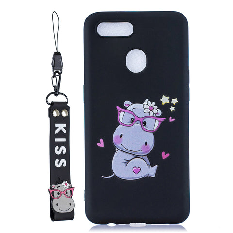 For OPPO A7 Cartoon Lovely Coloured Painted Soft TPU Back Cover Non-slip Shockproof Full Protective Case with Lanyard black