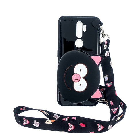 For OPPO A83/A9 2020 Cellphone Case Mobile Phone TPU Shell Shockproof Cover with Cartoon Cat Pig Panda Coin Purse Lovely Shoulder Starp  Black
