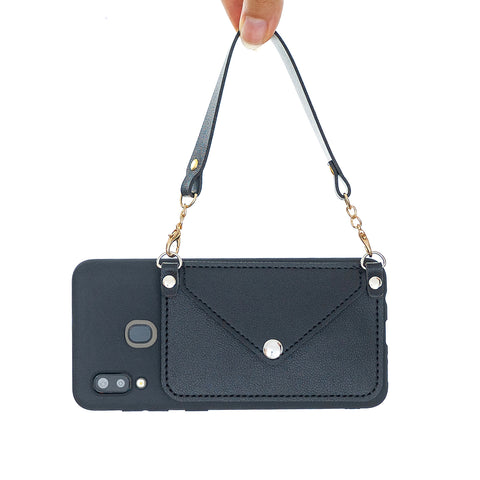 For HUAWEI P20/ P20 Lite/P20 Pro Mobile Phone Cover with Pu Leather Card Holder + Hand Rope + Straddle Rope black