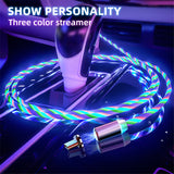 Three Colors Lighting Streamer Magnetic Suction Data Cable 360 Degree Magnetic Suction Data Line Android + typeC + Apple connector 3 in 1