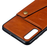 For Samsung A50 Double Buckle Non-slip Shockproof Cell Phone Case with Card Slot Bracket Light Brown