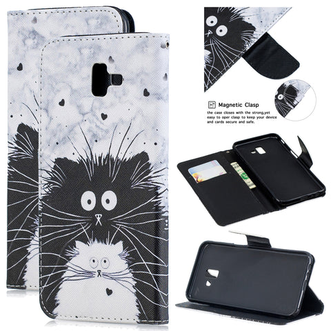 For Samsung J4 Plus/J6 Plus Cartoon Phone Shell Delicate Smartphone Case PU Leather Overall Protective Wallet Design Black white cat