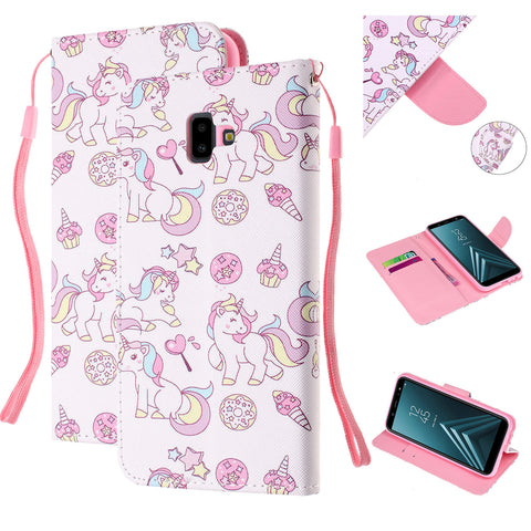 For Samsung J4 Plus/J6 Plus Cartoon Phone Shell Delicate Smartphone Case PU Leather Overall Protective Wallet Design Ice cream unicorn