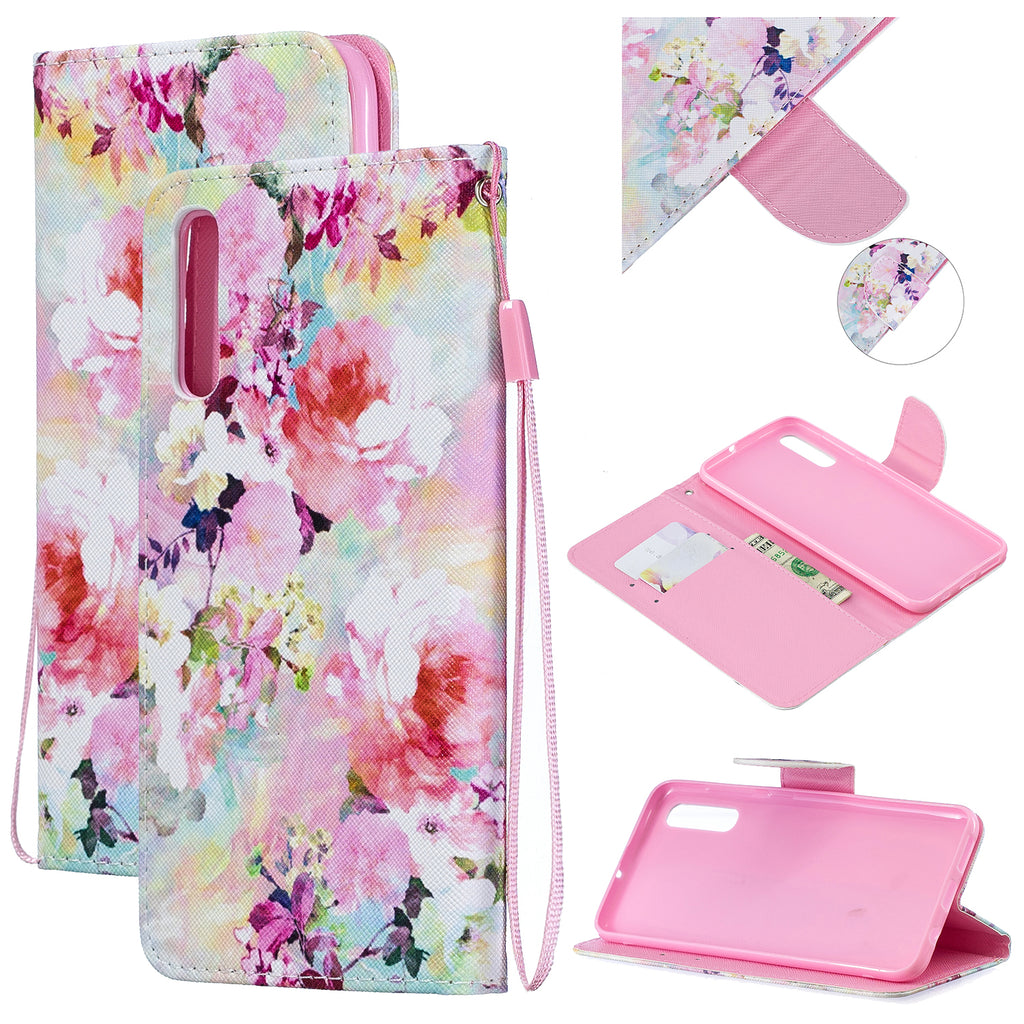 For Samsung A50/A70 Smartphone Case Overall Protective Phone Shell Lovely PU Leather Cellphone Cover with Card Slots  Watercolor flower