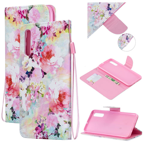 For Samsung A50/A70 Smartphone Case Overall Protective Phone Shell Lovely PU Leather Cellphone Cover with Card Slots  Watercolor flower