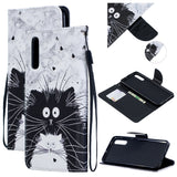 For Samsung A50/A70 Smartphone Case Overall Protective Phone Shell Lovely PU Leather Cellphone Cover with Card Slots  Black white cat