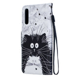 For Samsung A50/A70 Smartphone Case Overall Protective Phone Shell Lovely PU Leather Cellphone Cover with Card Slots  Black white cat