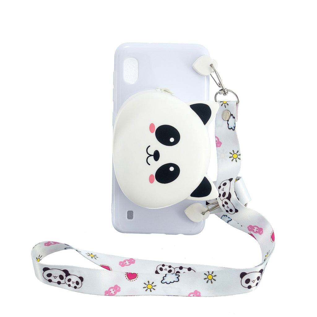 For Samsung A10/A20/A30 Case Mobile Phone Shell Shockproof TPU Cellphone Cover with Cartoon Cat Pig Panda Coin Purse Lovely Shoulder Starp  White