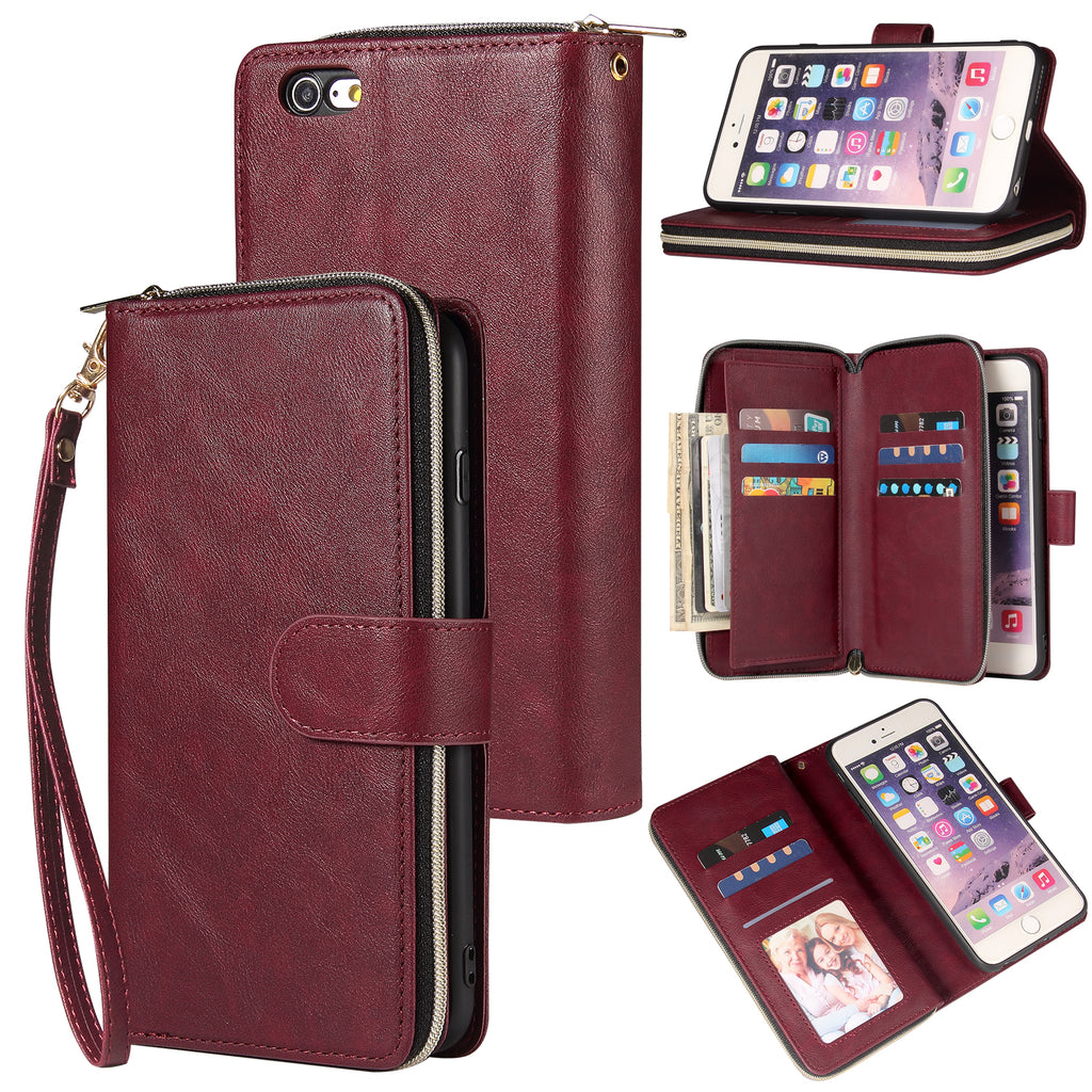 For Iphone 6/6s/6 Plus/6s Plus/7 Plus/8 Plus Pu Leather  Mobile Phone Cover Zipper Card Bag + Wrist Strap Red wine