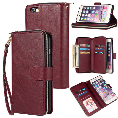 For Iphone 6/6s/6 Plus/6s Plus/7 Plus/8 Plus Pu Leather  Mobile Phone Cover Zipper Card Bag + Wrist Strap Red wine