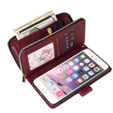 For Iphone 6/6s/6 Plus/6s Plus/7 Plus/8 Plus Pu Leather  Mobile Phone Cover Zipper Card Bag + Wrist Strap Red wine