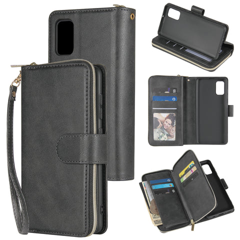 For Samsung A01/A21/A31/A41/A51 Pu Leather  Mobile Phone Cover Zipper Card Bag + Wrist Strap black