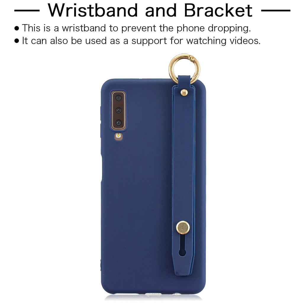 For Samsung A7 2018 Simple Solid Color Chic Wrist Rope Bracket Matte TPU Anti-scratch Non-slip Protective Cover Back Case 7 royal blue