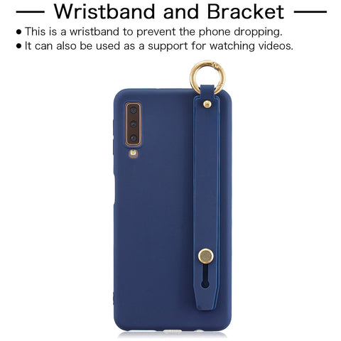 For Samsung A7 2018 Simple Solid Color Chic Wrist Rope Bracket Matte TPU Anti-scratch Non-slip Protective Cover Back Case 7 royal blue
