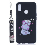 For OPPO Realme 3 Cartoon Lovely Coloured Painted Soft TPU Back Cover Non-slip Shockproof Full Protective Case with Lanyard black