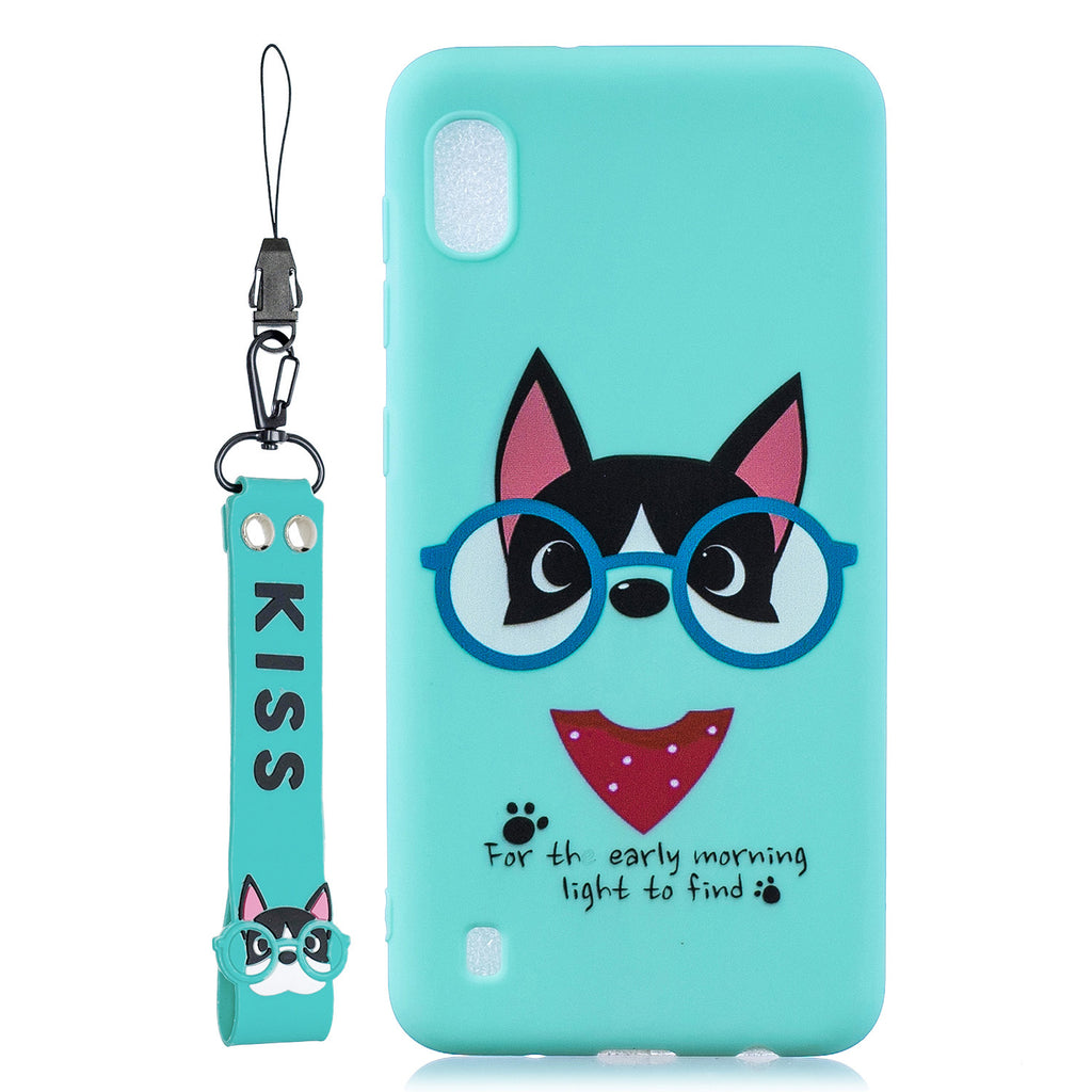 For Samsung A10 Cartoon Lovely Coloured Painted Soft TPU Back Cover Non-slip Shockproof Full Protective Case with Lanyard Light blue