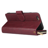 For Iphone 6/6s/6 Plus/6s Plus/7 Plus/8 Plus Pu Leather  Mobile Phone Cover Zipper Card Bag + Wrist Strap Red wine