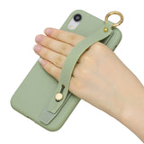 For Samsung A7 2018 Simple Solid Color Chic Wrist Rope Bracket Matte TPU Anti-scratch Non-slip Protective Cover Back Case 10 beans green