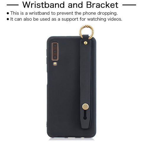 For Samsung A7 2018 Simple Solid Color Chic Wrist Rope Bracket Matte TPU Anti-scratch Non-slip Protective Cover Back Case 1 black