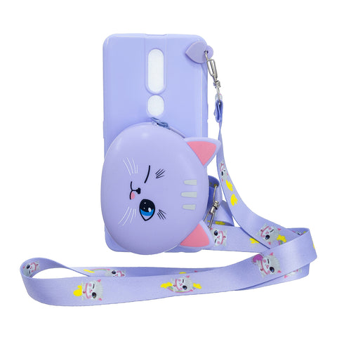 For OPPO F11/F11 Pro Cellphone Case Mobile Phone TPU Shell Shockproof Cover with Cartoon Cat Pig Panda Coin Purse Lovely Shoulder Starp  Purple