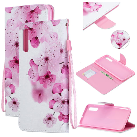 For Samsung A50/A70 Smartphone Case Overall Protective Phone Shell Lovely PU Leather Cellphone Cover with Card Slots  peach blossom