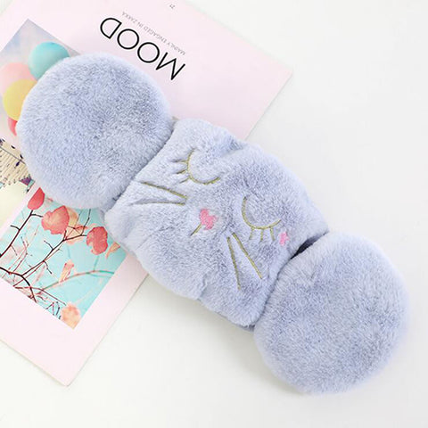 Women 2-in-1 Warm Mask Earmuffs Cartoon Cat Autumn Winter Thicken Plush Riding Outdoor Wear Blue
