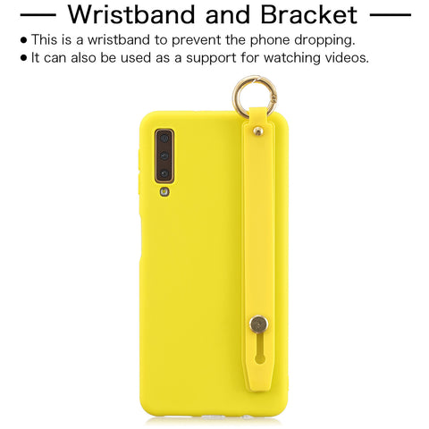 For Samsung A7 2018 Simple Solid Color Chic Wrist Rope Bracket Matte TPU Anti-scratch Non-slip Protective Cover Back Case 3 yellow