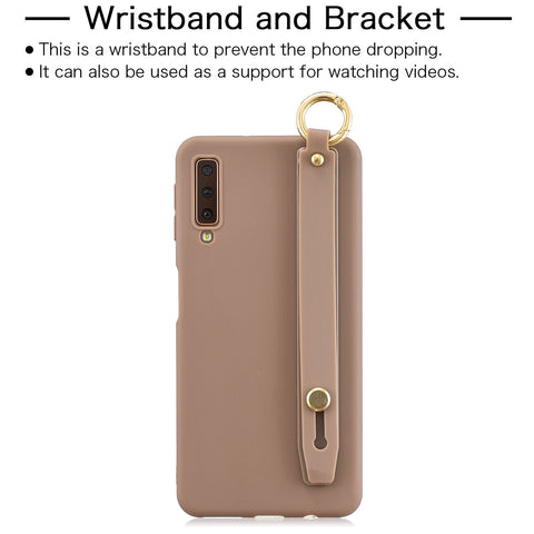 For Samsung A7 2018 Simple Solid Color Chic Wrist Rope Bracket Matte TPU Anti-scratch Non-slip Protective Cover Back Case 9 coffee
