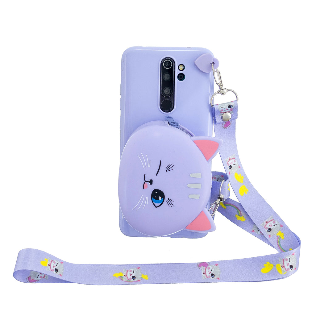 For Redmi Note 8/8T/8 Pro Cellphone Case Mobile Phone Shell Shockproof TPU Cover with Cartoon Cat Pig Panda Coin Purse Lovely Shoulder Starp  Purple