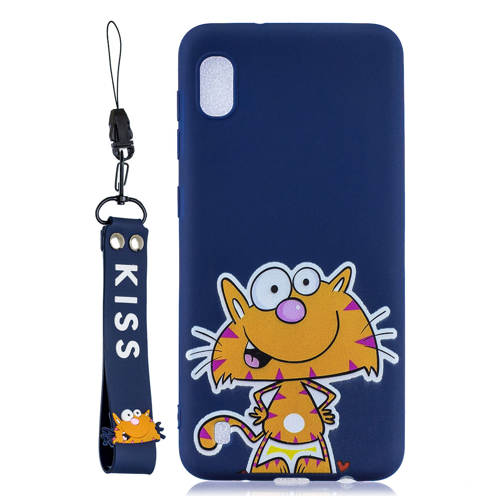 For Samsung A10 Cartoon Lovely Coloured Painted Soft TPU Back Cover Non-slip Shockproof Full Protective Case with Lanyard sapphire