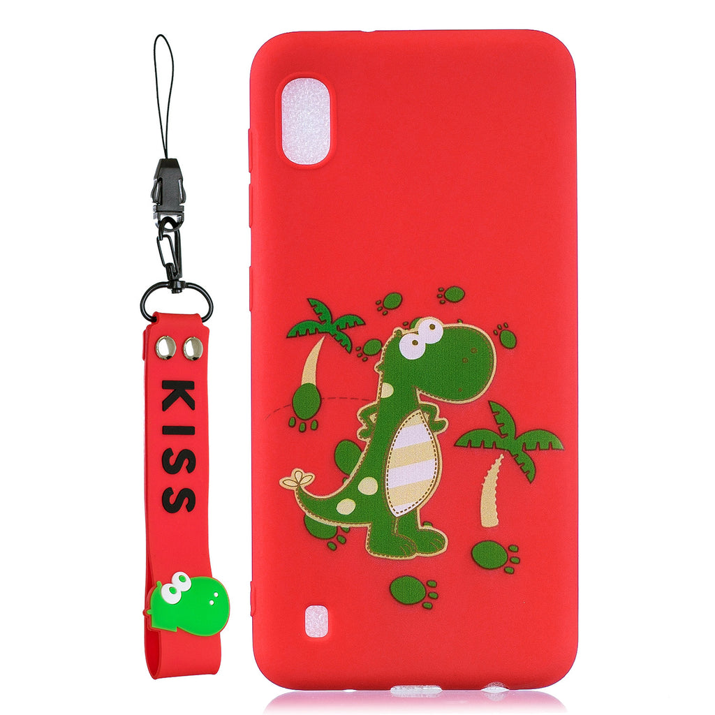 For Samsung A10 Cartoon Lovely Coloured Painted Soft TPU Back Cover Non-slip Shockproof Full Protective Case with Lanyard red
