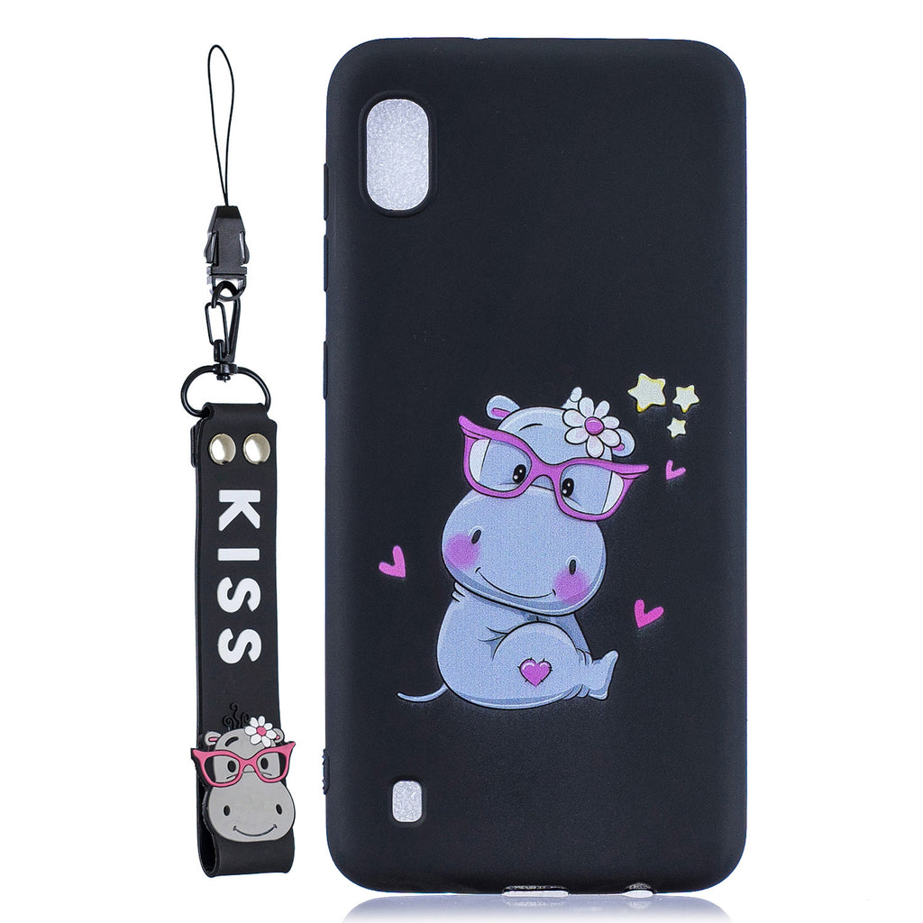 For Samsung A10 Cartoon Lovely Coloured Painted Soft TPU Back Cover Non-slip Shockproof Full Protective Case with Lanyard black