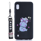 For Samsung A10 Cartoon Lovely Coloured Painted Soft TPU Back Cover Non-slip Shockproof Full Protective Case with Lanyard black