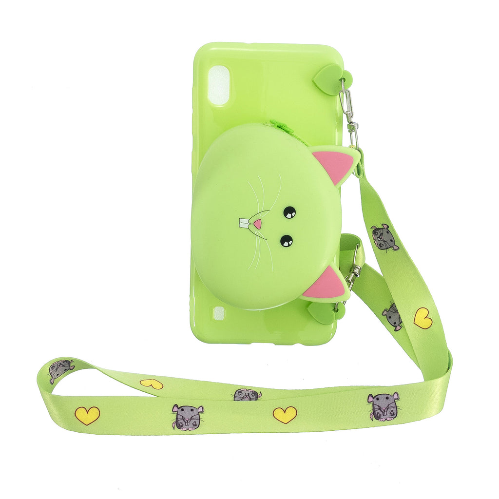 For Samsung A10/A20/A30 Case Mobile Phone Shell Shockproof TPU Cellphone Cover with Cartoon Cat Pig Panda Coin Purse Lovely Shoulder Starp  Green